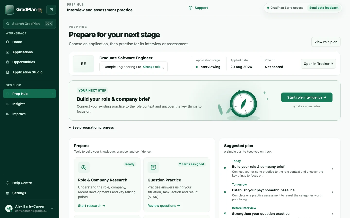 GradPlan Preparation Hub showing fictional demo applications