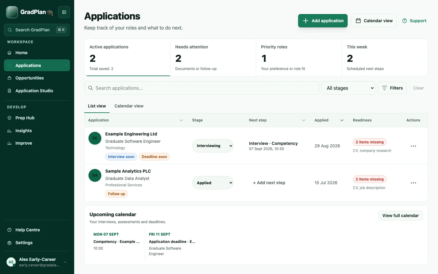 GradPlan Application Tracker showing fictional demo applications